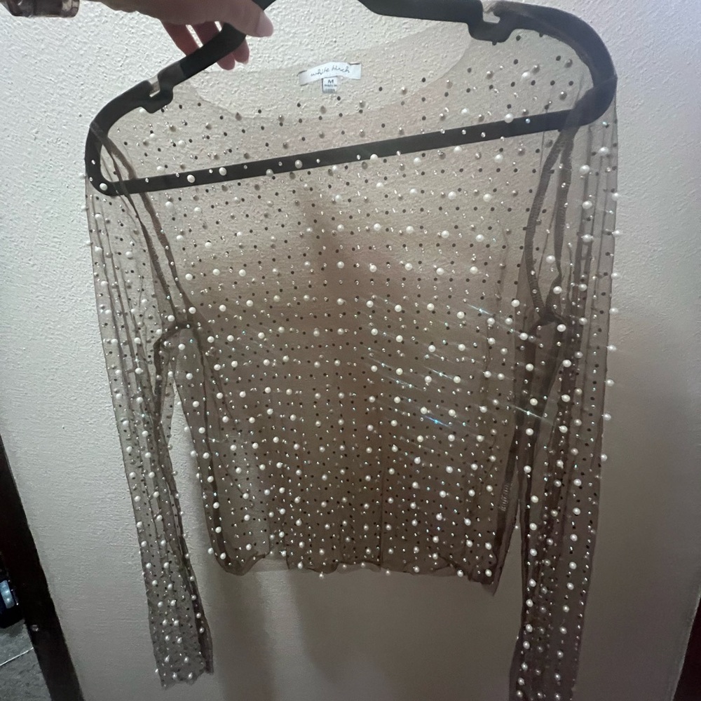 Sheer Mesh Pearl and Rhinestone Embellished Top